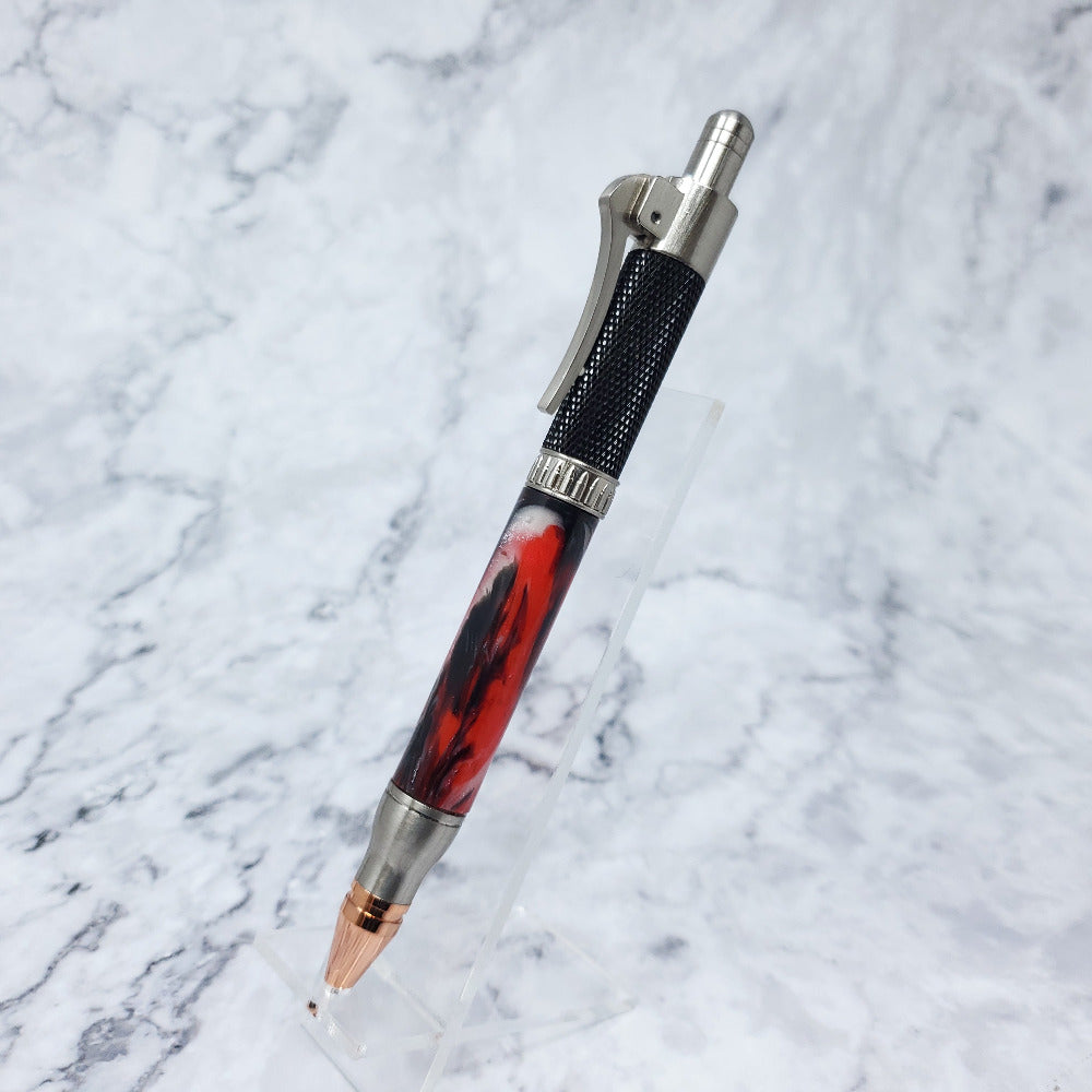 Revolver Pen - Black, White & Red Resin, Chrome