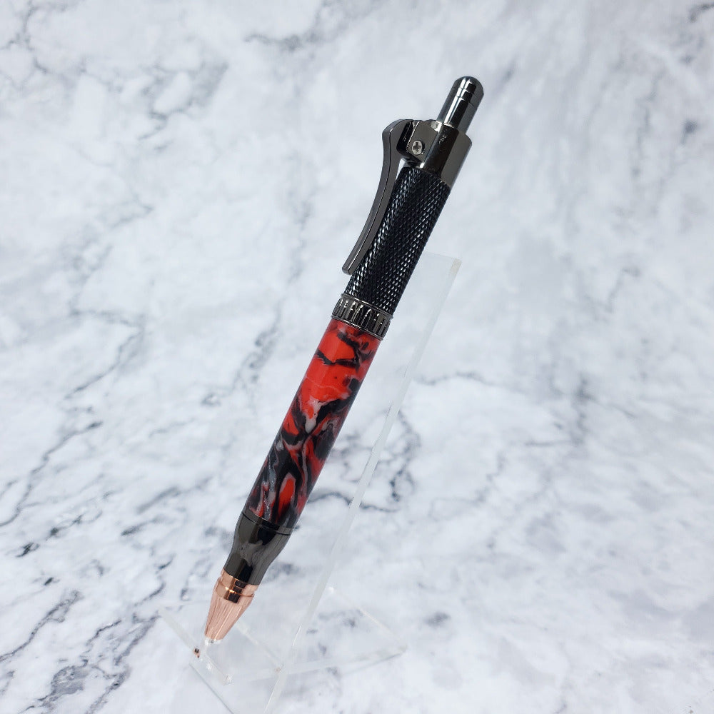Revolver Pen - Black, White & Red Resin, Gunmetal