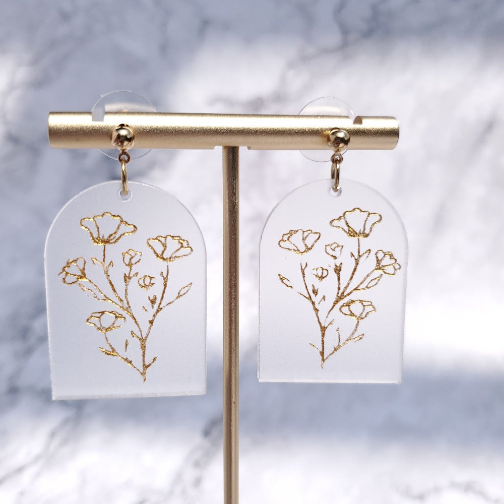 Frosted Arch Earrings with Gold Flowers