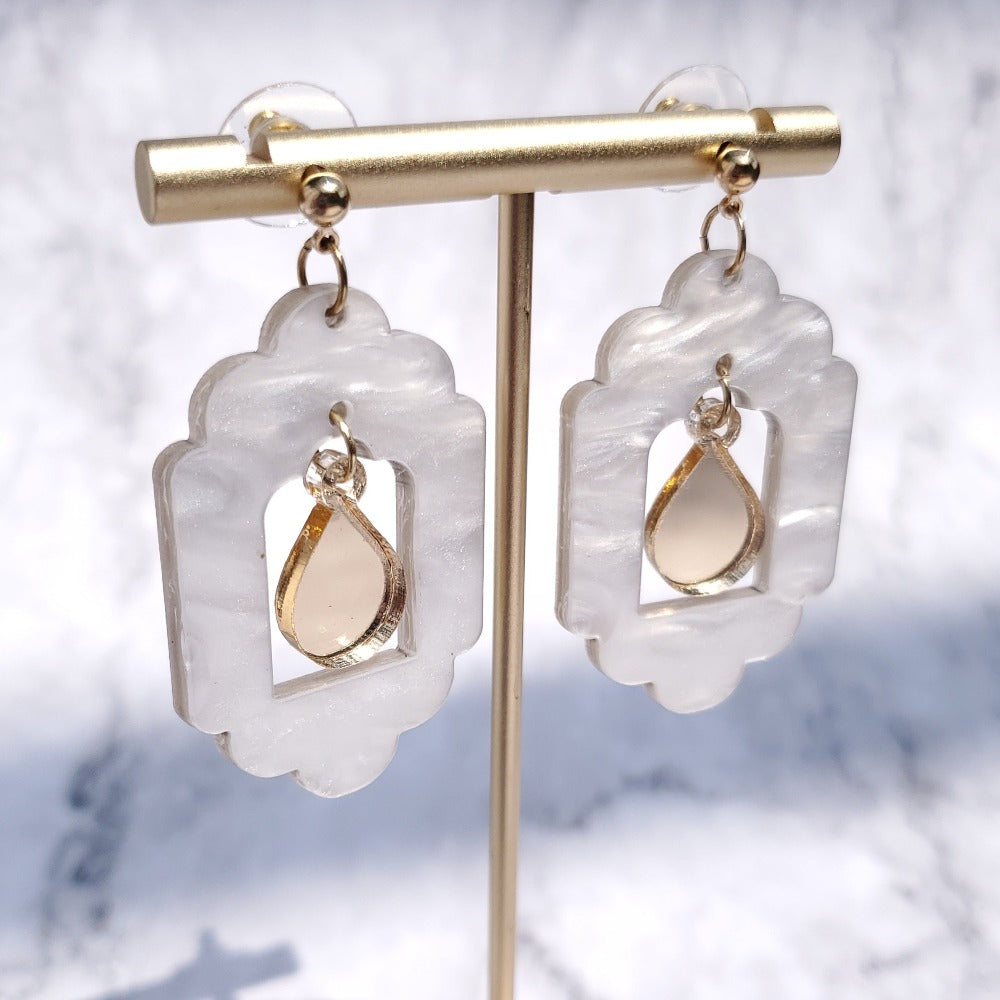 Geometric Mother of Pearl and Gold Statement Hoop Earrings