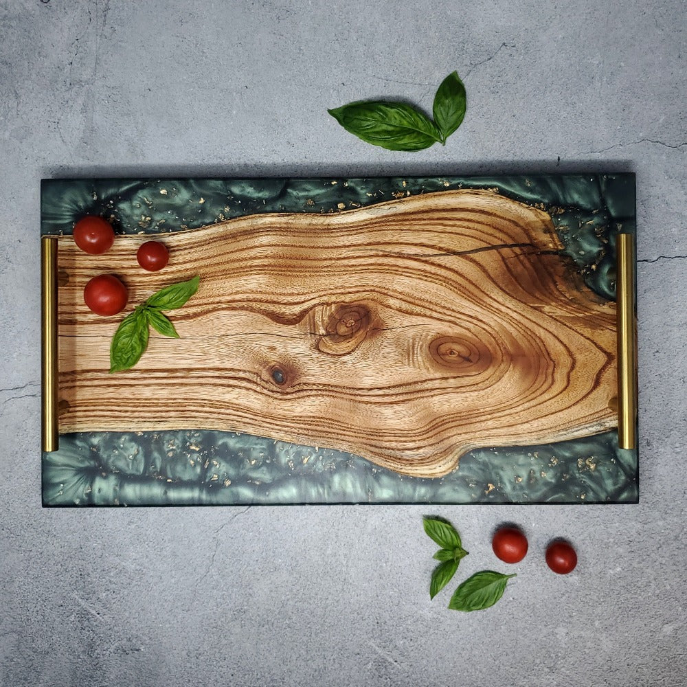 Serving Board with Handles - Large, Gunmetal Green & Gold Flake