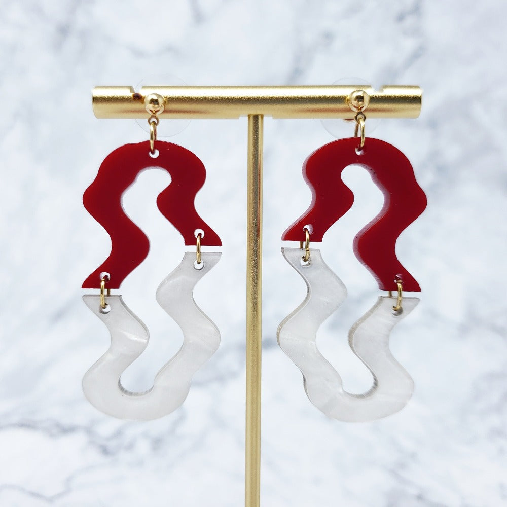 Wavy Earrings - Cranberry Red and White Pearl