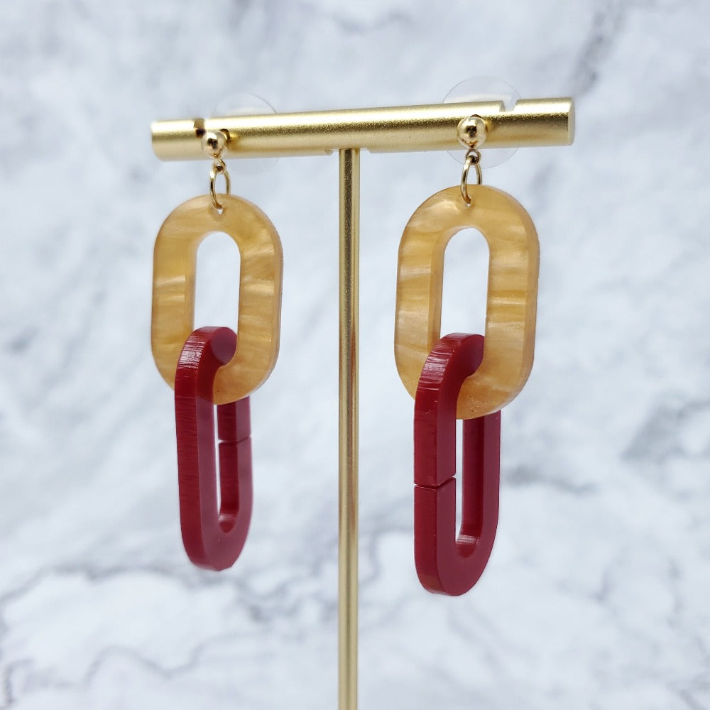 Double Paperclip Earrings - Gold and Cranberry Red